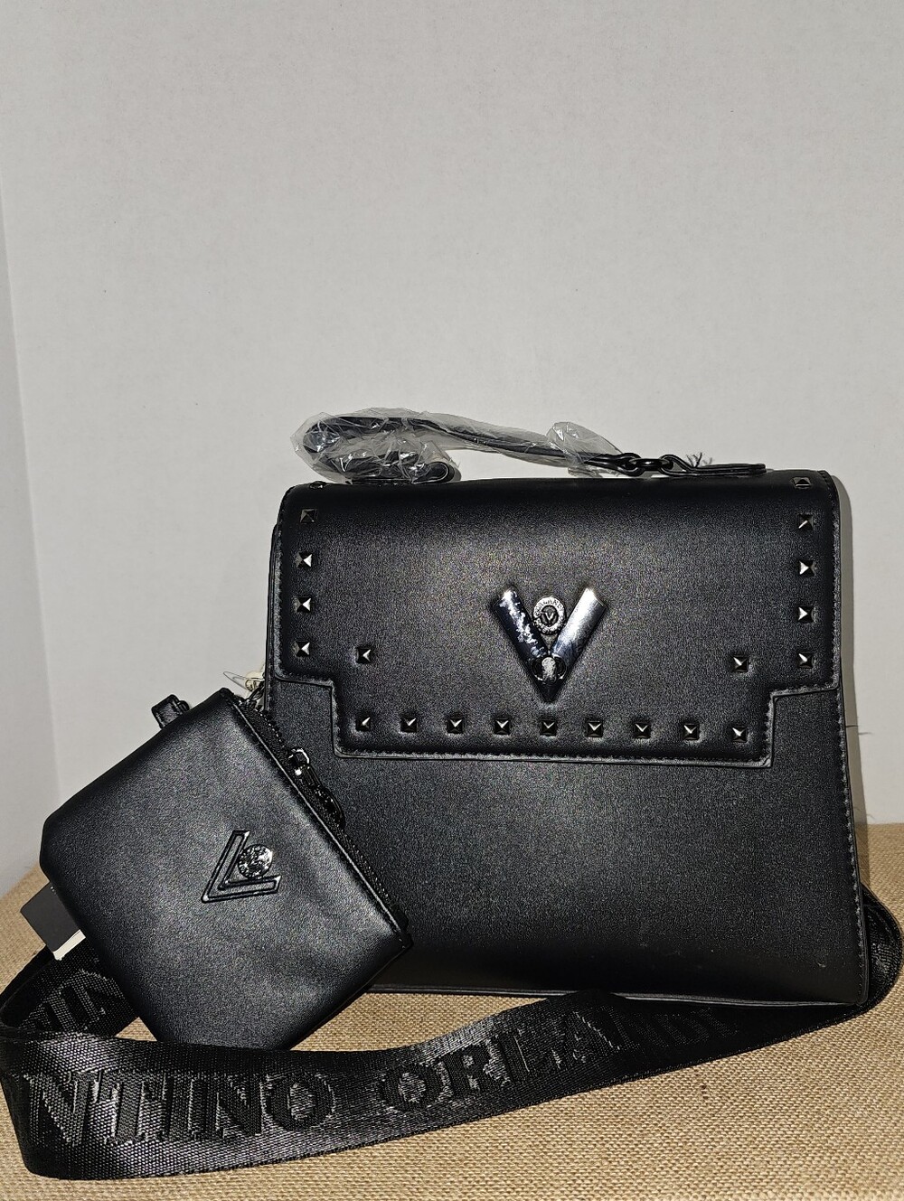 Valentino Orlandi Black Studded Crossbody with Coin Pouch (Vegan)